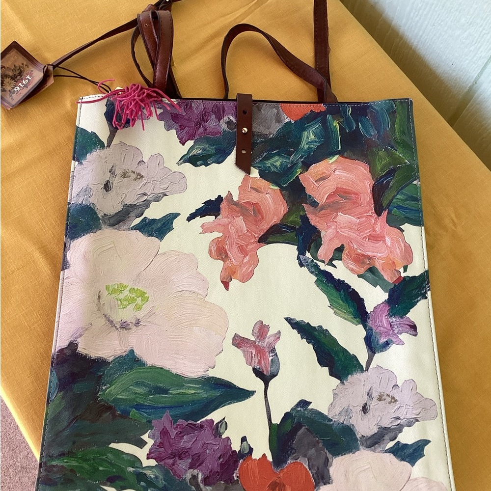 Floral Canvas Tote with Leather Straps